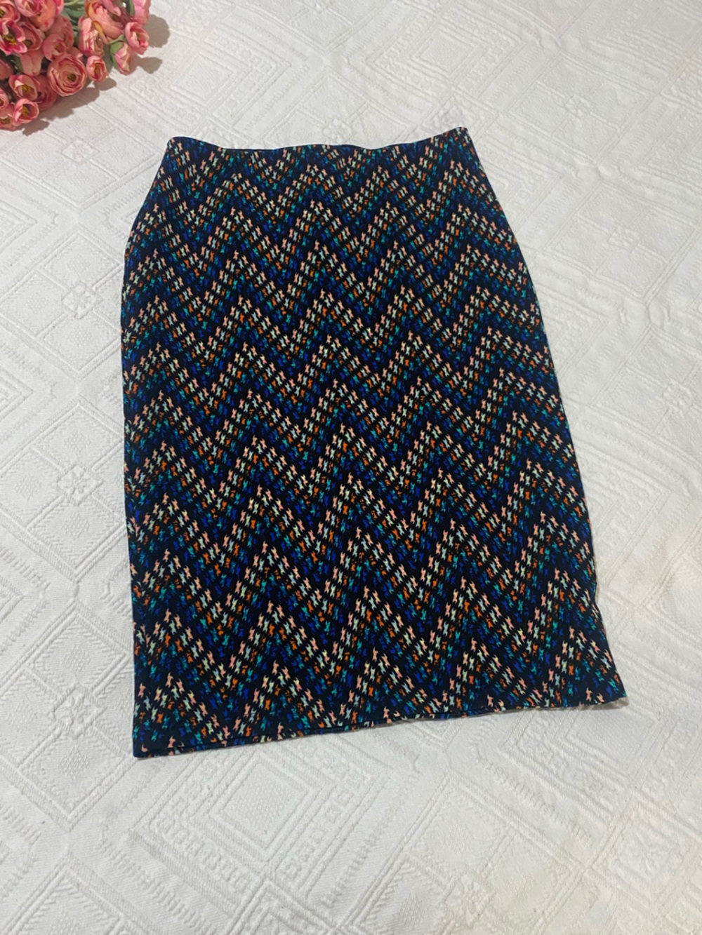 bobeau Multicolor Chevron Pencil Skirt with Blue & Orange Accents